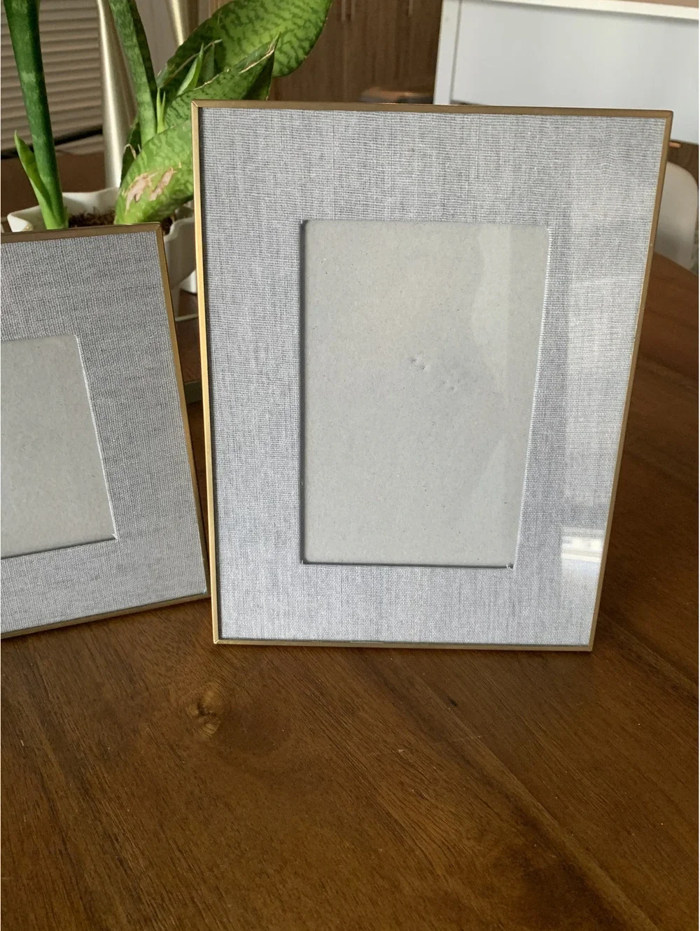 2 Photo Frames with Grey Linen Outside Mat and Gold Edging